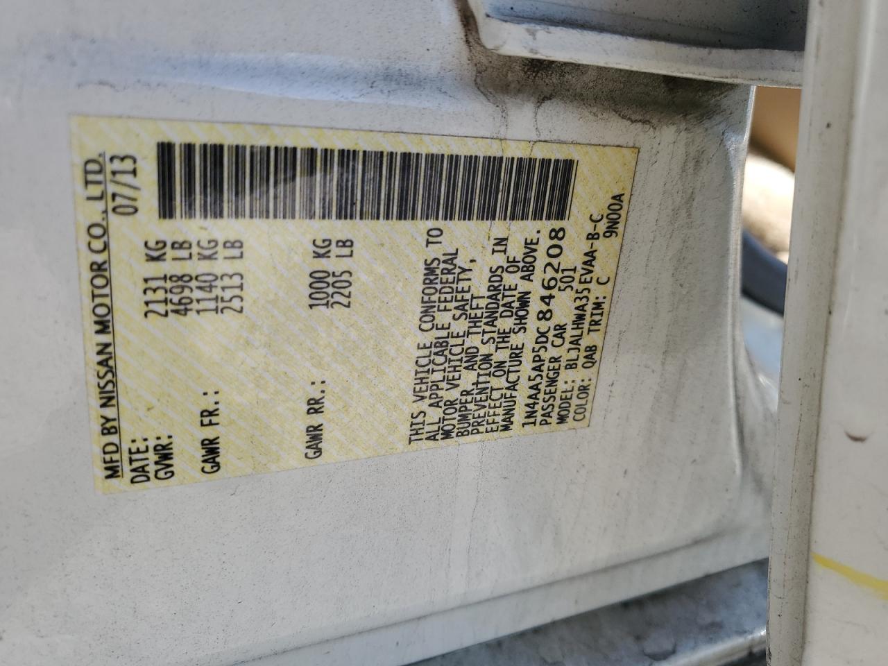 2013 Nissan Maxima S VIN: 1N4AA5AP5DC846208 Lot: 76290764