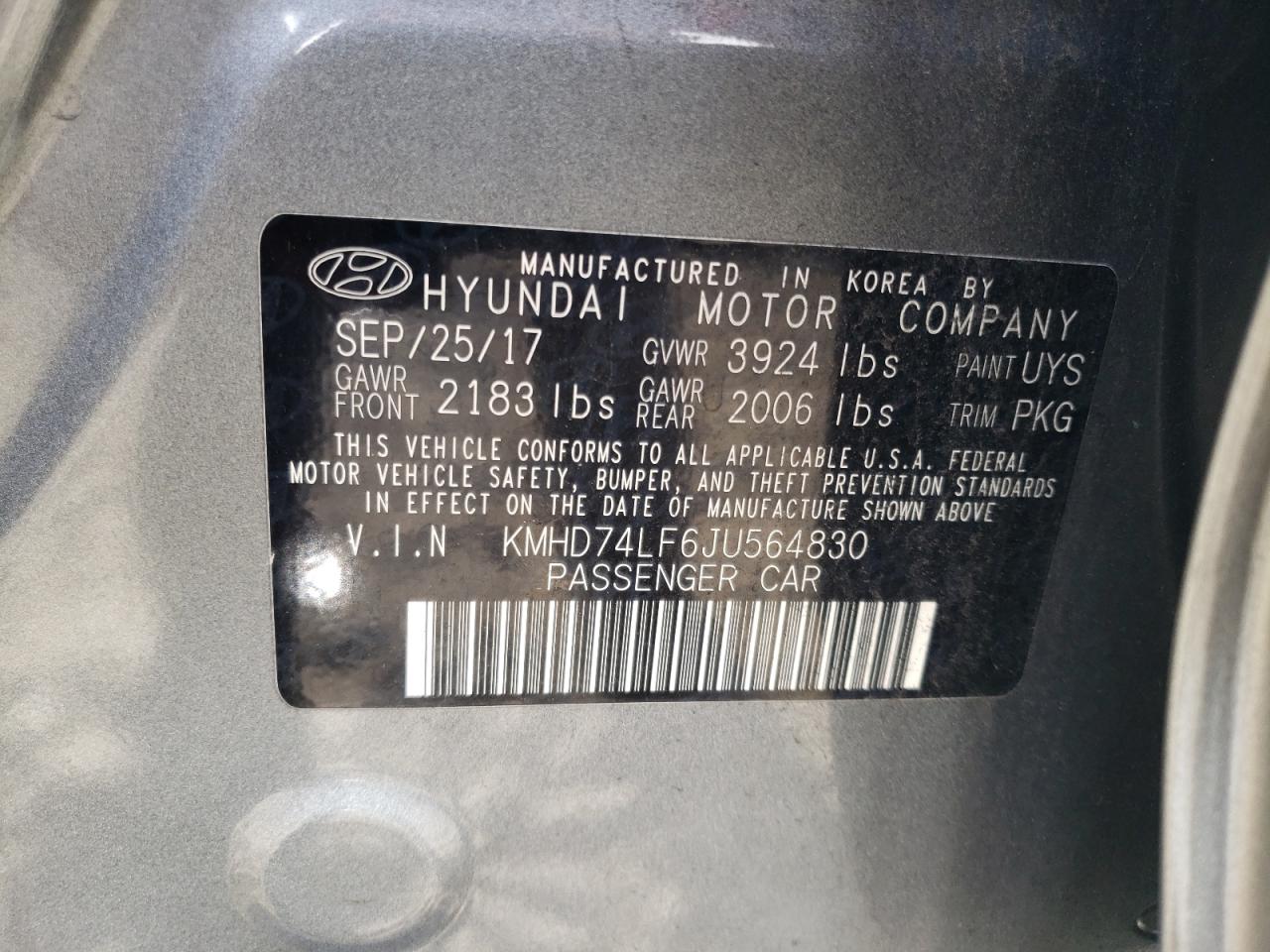 KMHD74LF6JU564830 2018 Hyundai Elantra Se