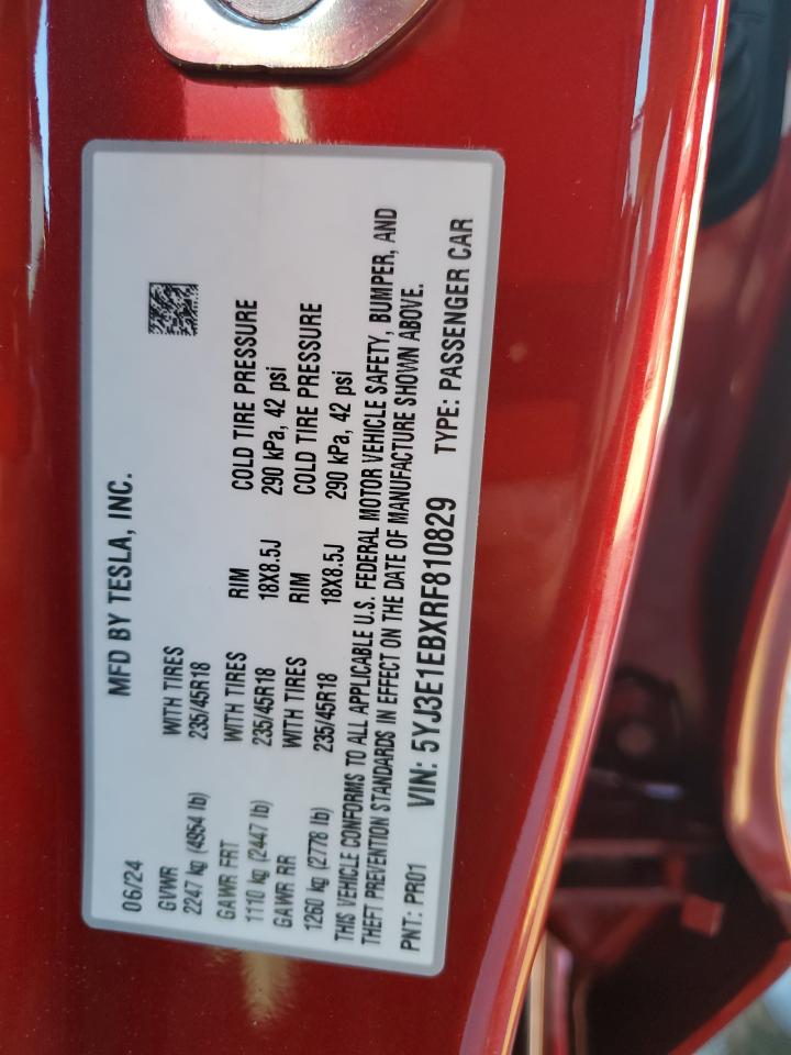 5YJ3E1EBXRF810829 2024 Tesla Model 3