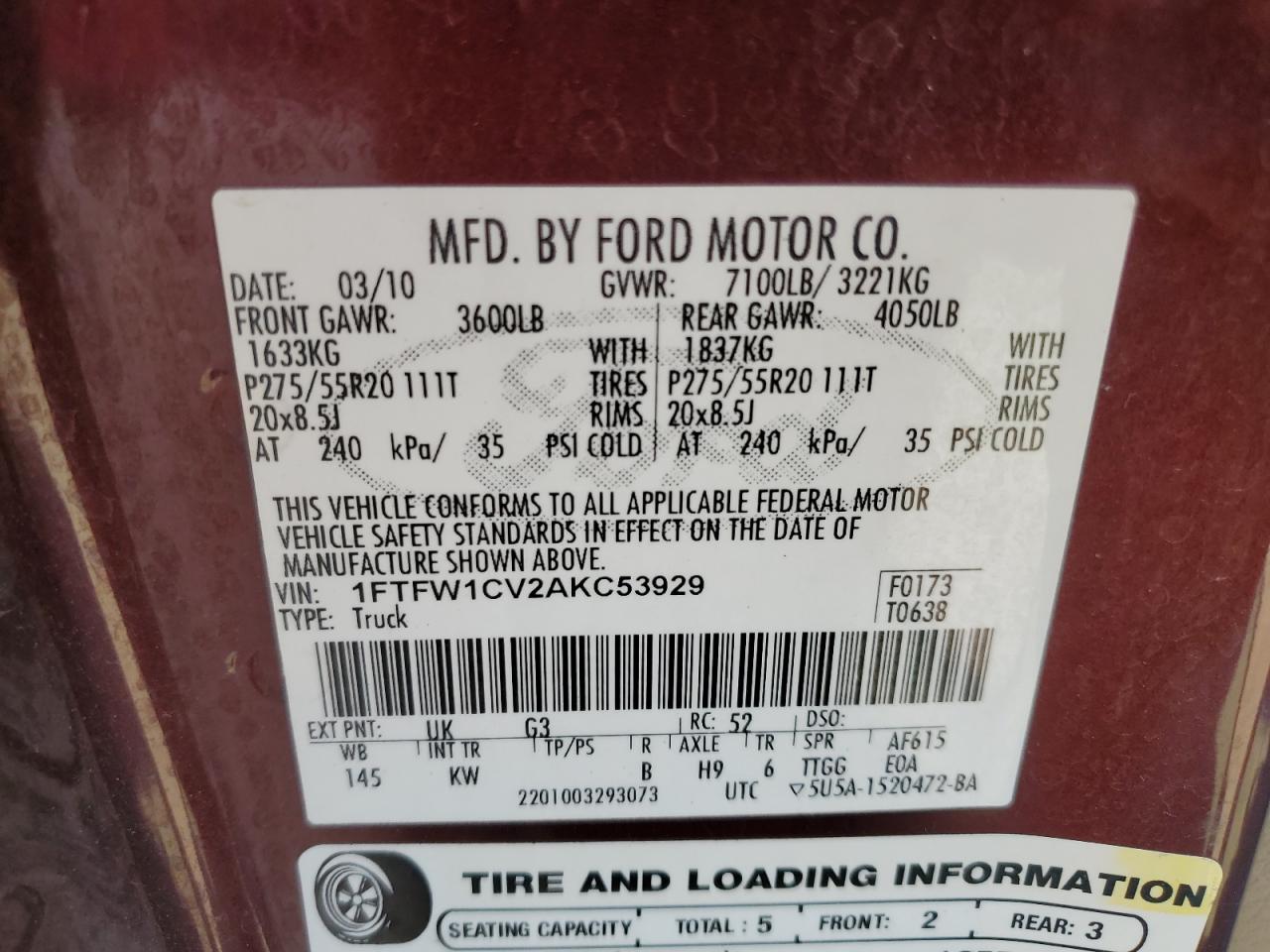 2010 Ford F150 Supercrew VIN: 1FTFW1CV2AKC53929 Lot: 76179304