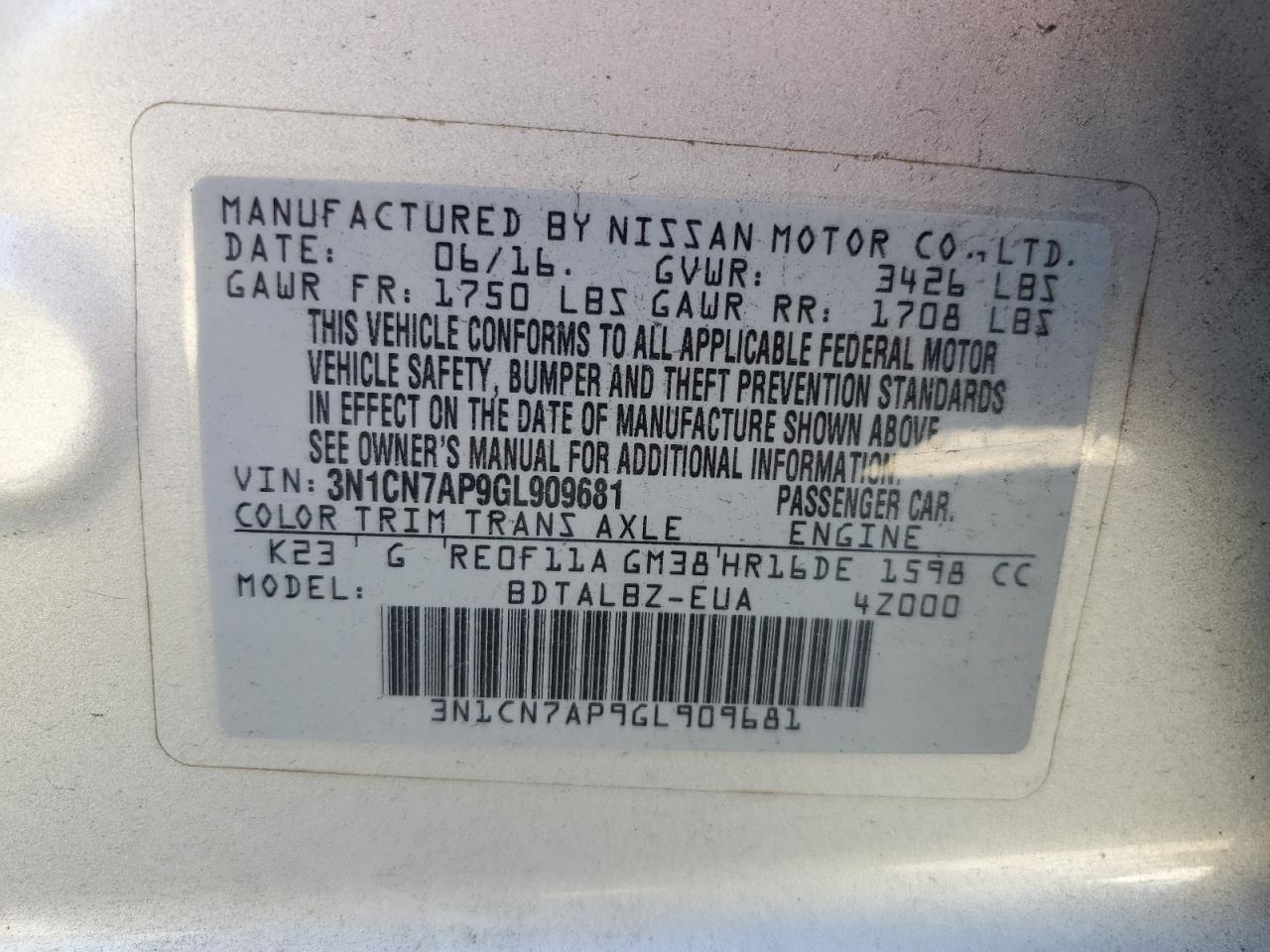 2016 Nissan Versa S VIN: 3N1CN7AP9GL909681 Lot: 75628624