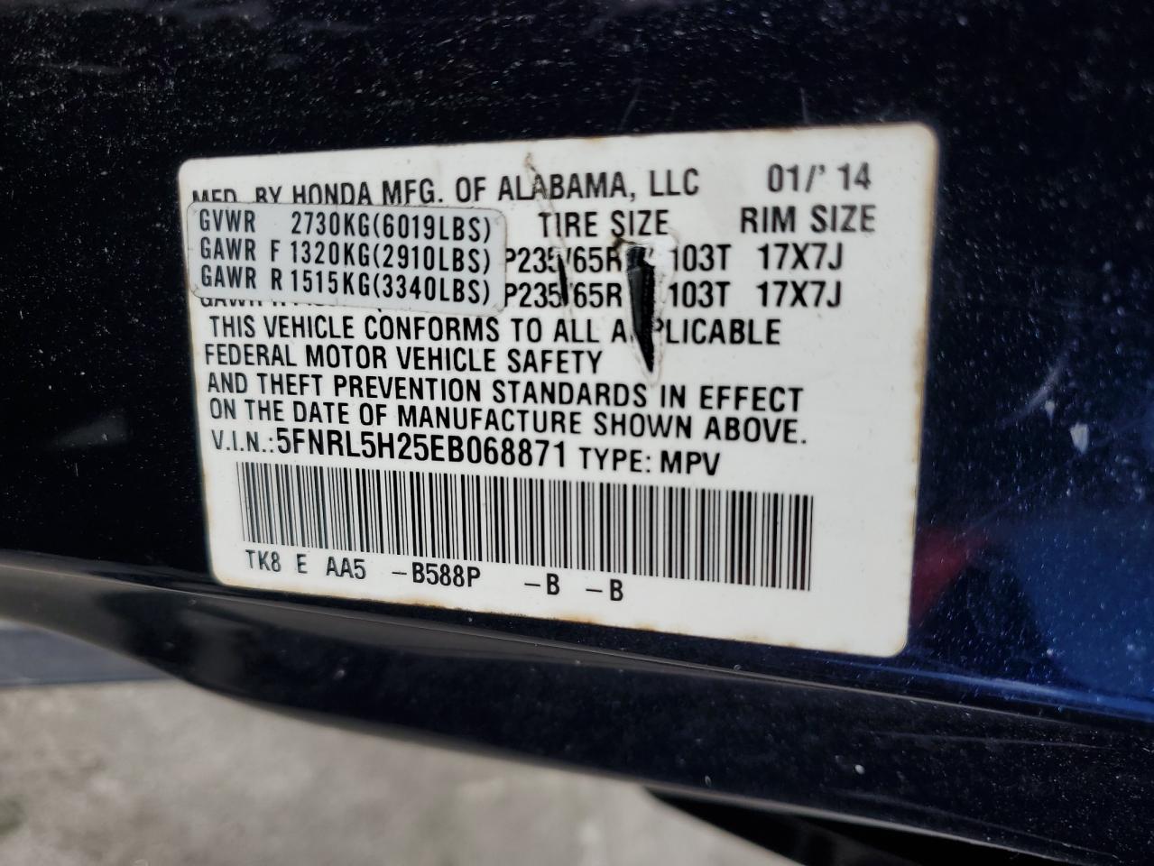 5FNRL5H25EB068871 2014 Honda Odyssey Lx