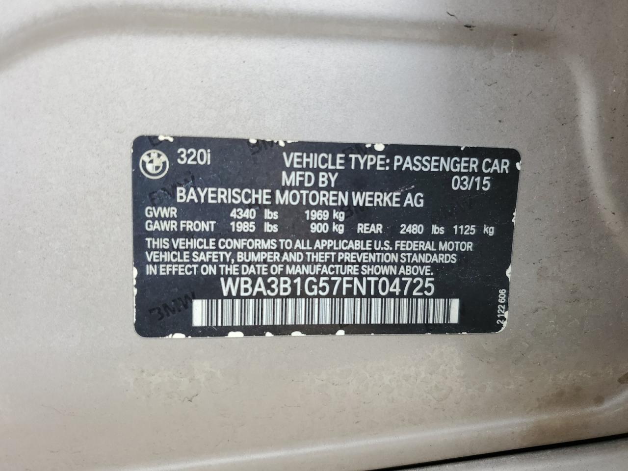 2015 BMW 320 I VIN: WBA3B1G57FNT04725 Lot: 77336694