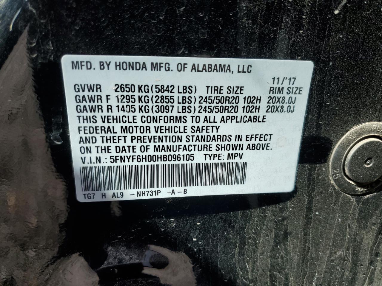 2017 Honda Pilot Elite VIN: 5FNYF6H00HB096105 Lot: 74427104