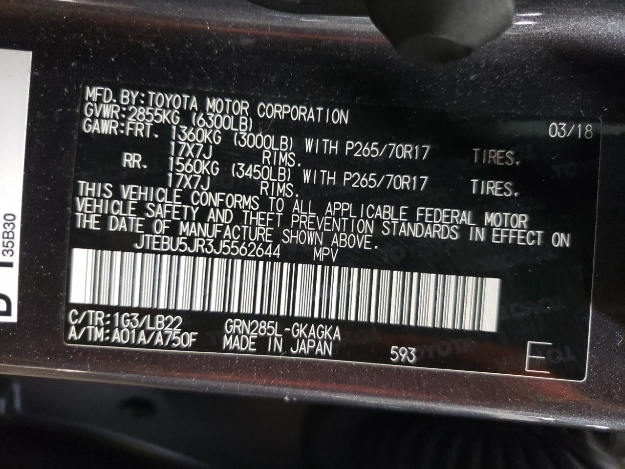 JTEBU5JR3J5562644 2018 Toyota 4Runner Sr5/Sr5 Premium