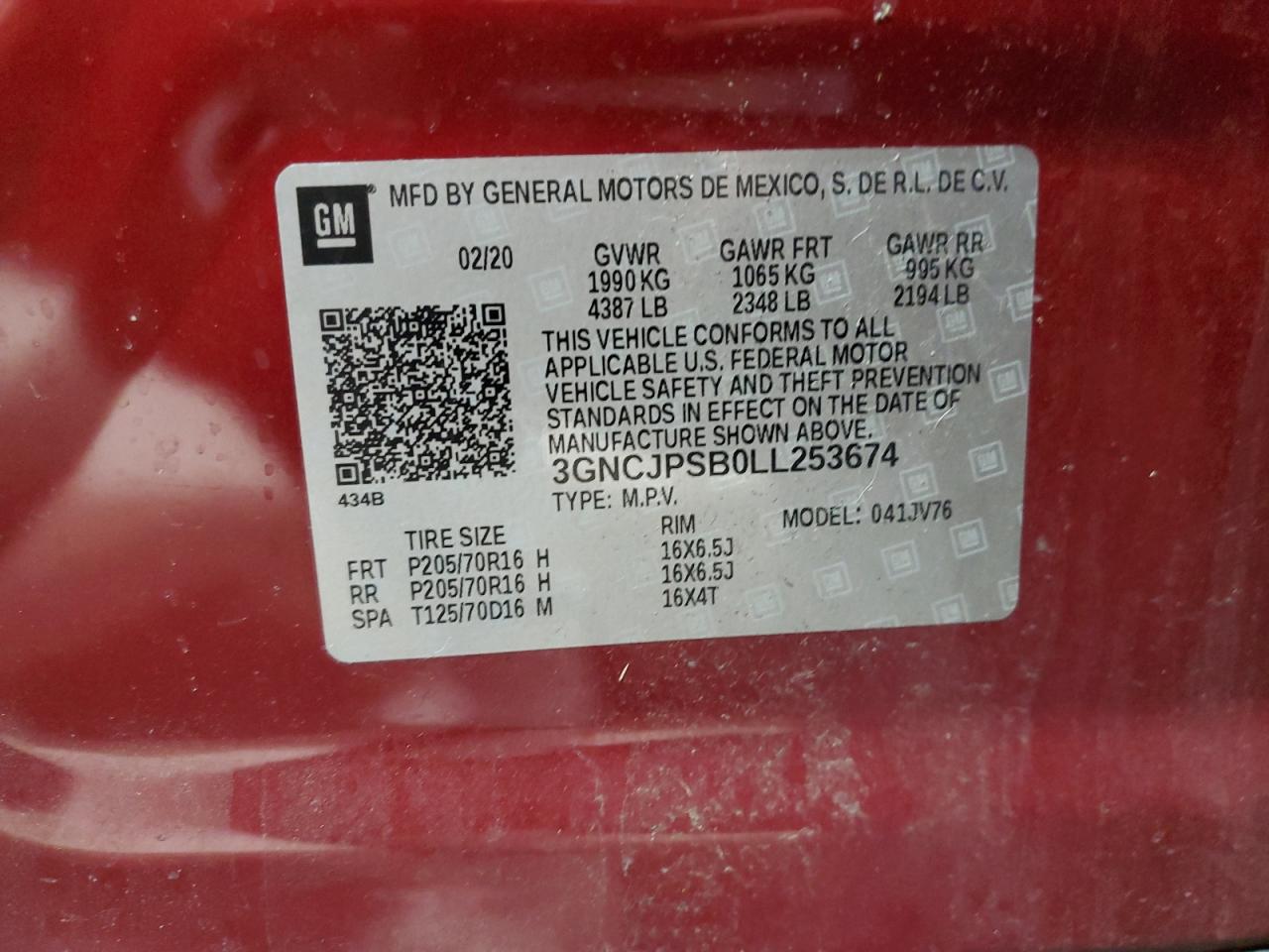 3GNCJPSB0LL253674 2020 Chevrolet Trax 1Lt