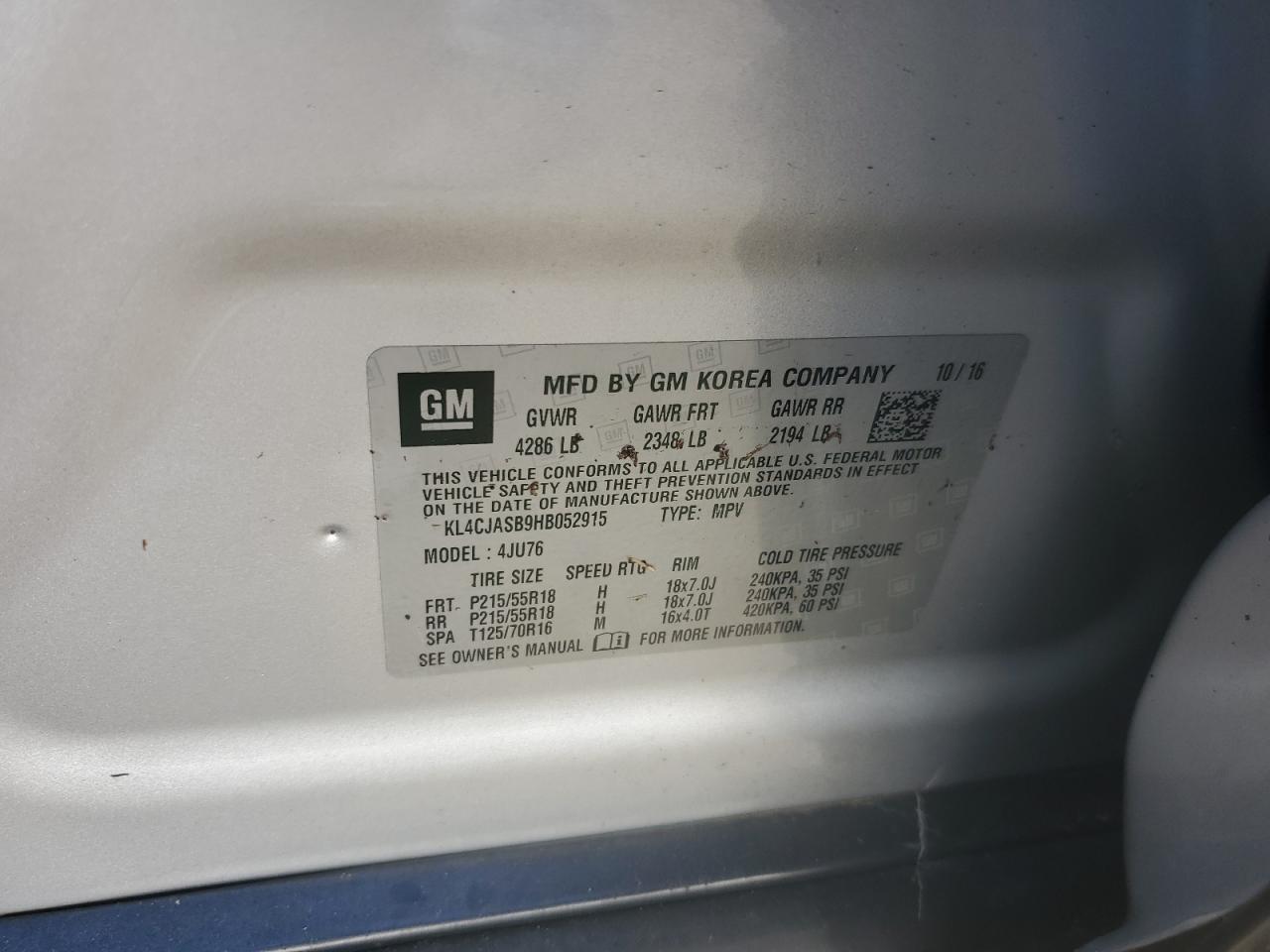 Auction sale of the 2017 BUICK ENCORE , vin: KL4CJASB9HB052915, lot number: 74835694