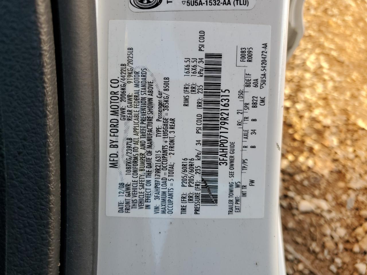 2009 Ford Fusion Se VIN: 3FAHP07179R216315 Lot: 74224264