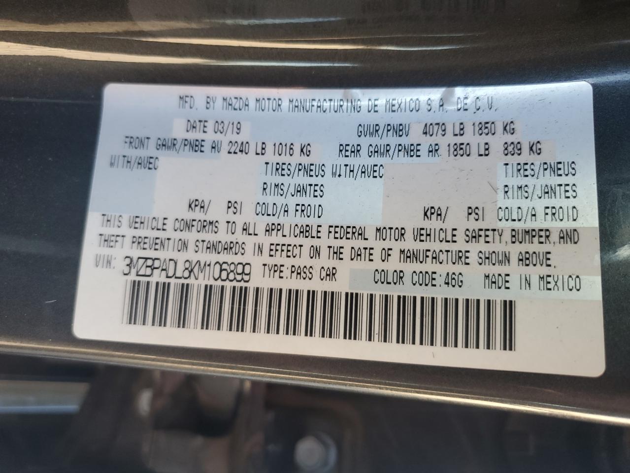 3MZBPADL8KM106899 2019 Mazda 3 Preferred