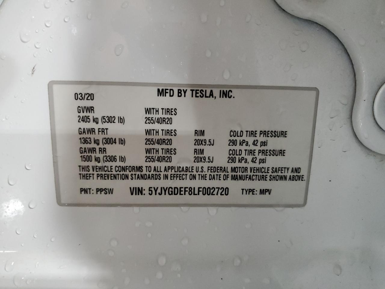 2020 Tesla Model Y VIN: 5YJYGDEF8LF002720 Lot: 74219424