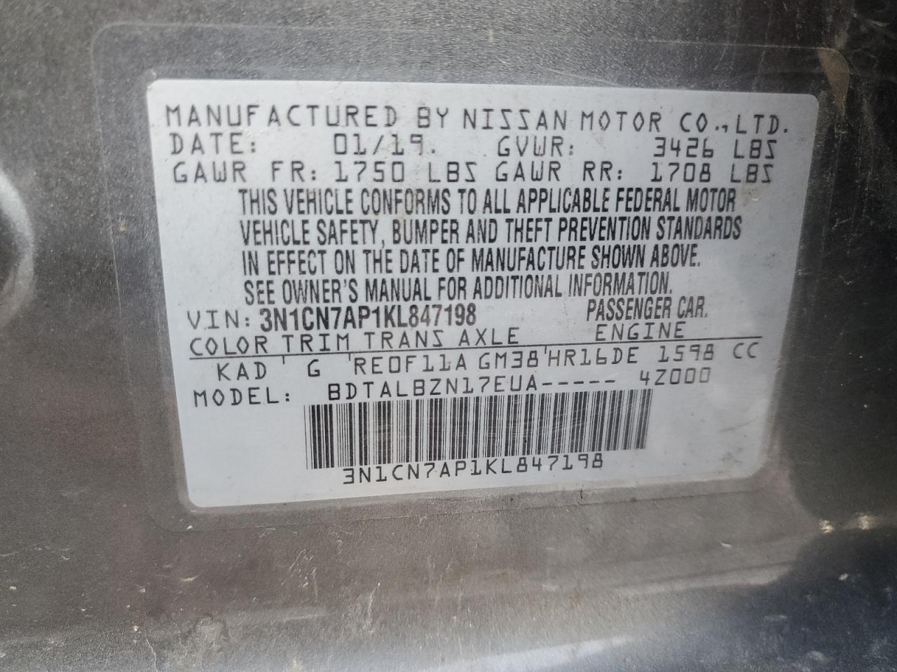 3N1CN7AP1KL847198 2019 Nissan Versa S