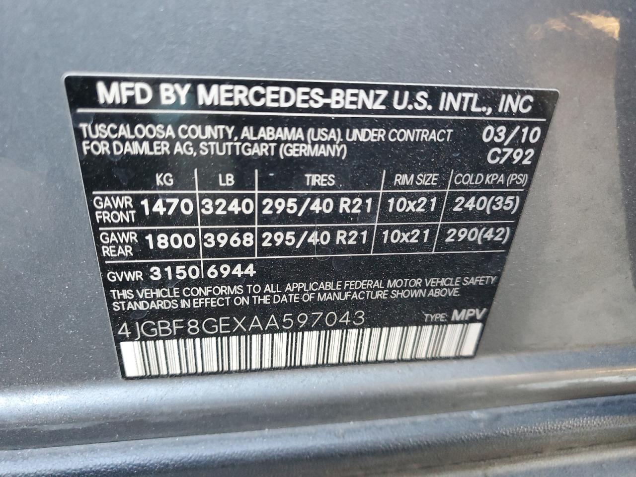 2010 Mercedes-Benz Gl 550 4Matic VIN: 4JGBF8GEXAA597043 Lot: 77418204