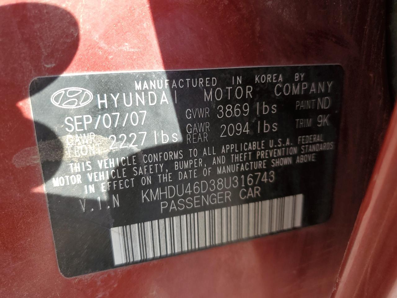 2008 Hyundai Elantra Gls VIN: KMHDU46D38U316743 Lot: 72794124