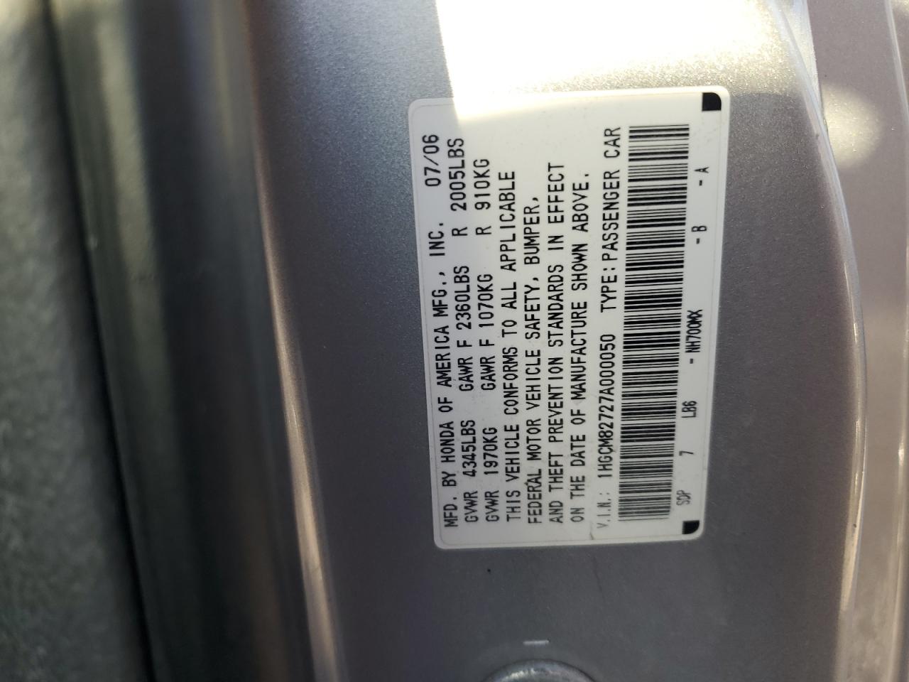 1HGCM82727A000050 2007 Honda Accord Ex