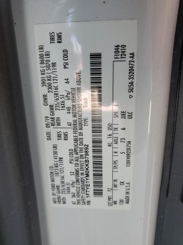 2019 Ford Transit T-150 VIN: 1FTYE1YM0KKB79892 Lot: 77016874