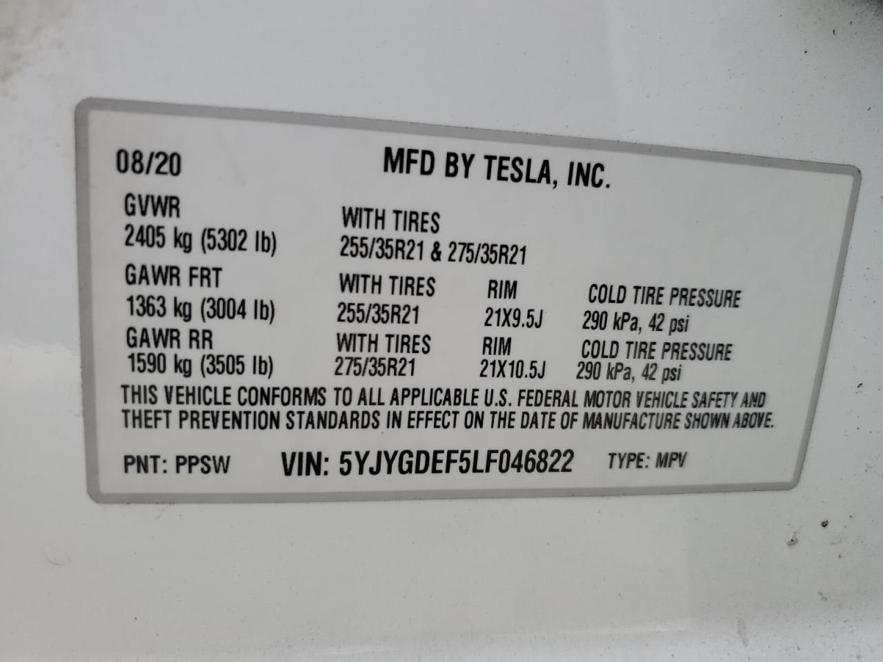 2020 Tesla Model Y VIN: 5YJYGDEF5LF046822 Lot: 74722474