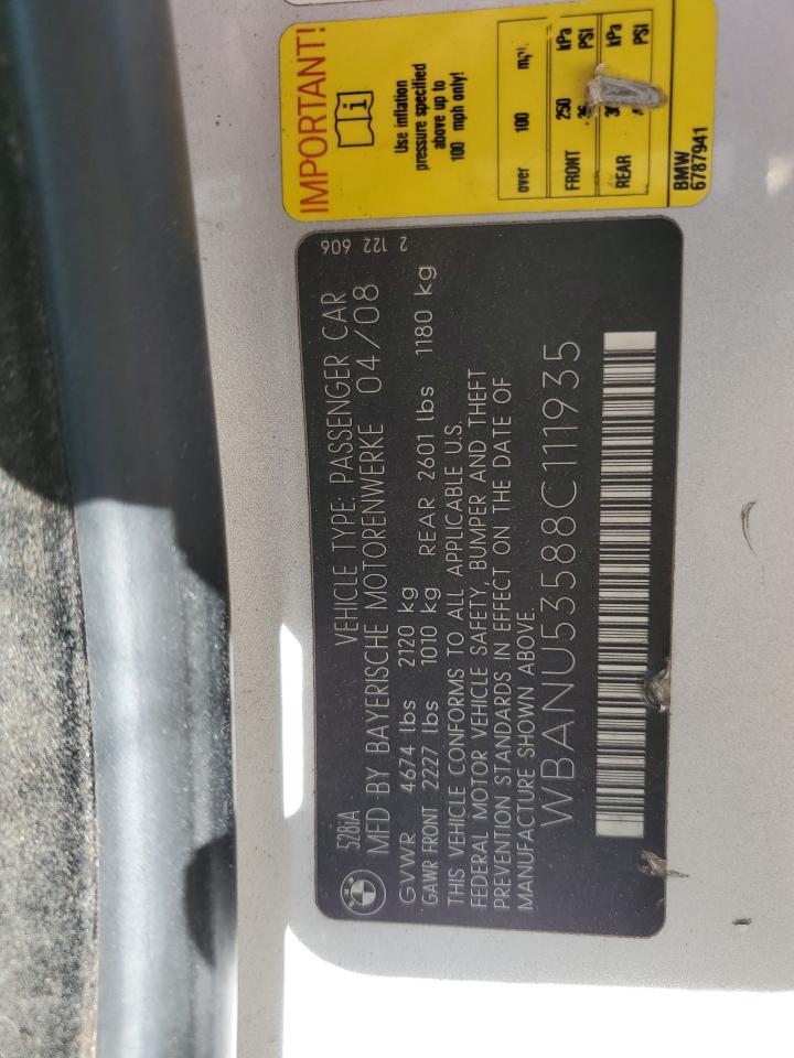 2008 BMW 528 I VIN: WBANU53588C111935 Lot: 78148874