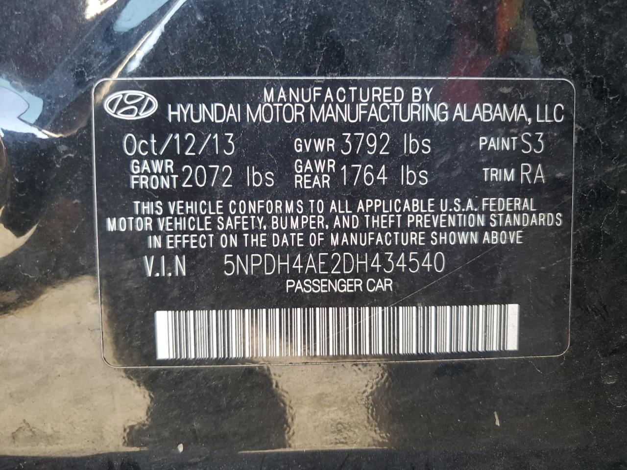 2013 Hyundai Elantra Gls VIN: 5NPDH4AE2DH434540 Lot: 73640834