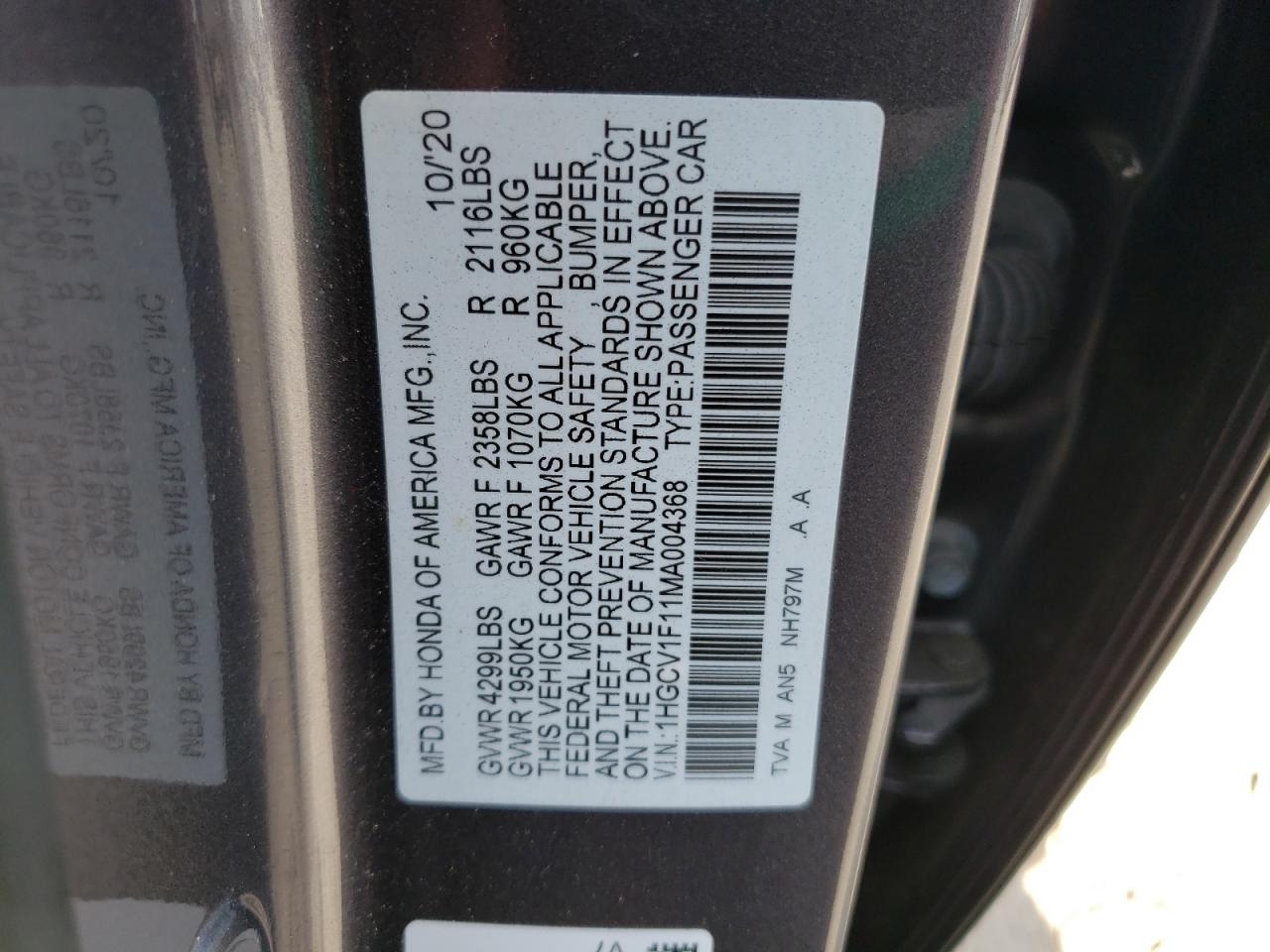 1HGCV1F11MA004368 2021 Honda Accord Lx