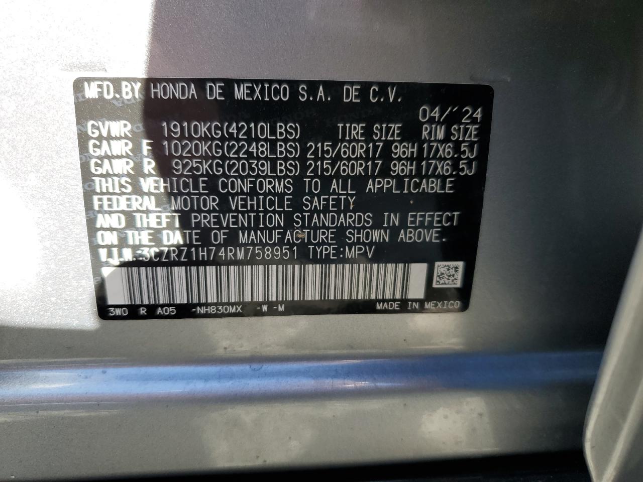 3CZRZ1H74RM758951 2024 Honda Hr-V Exl