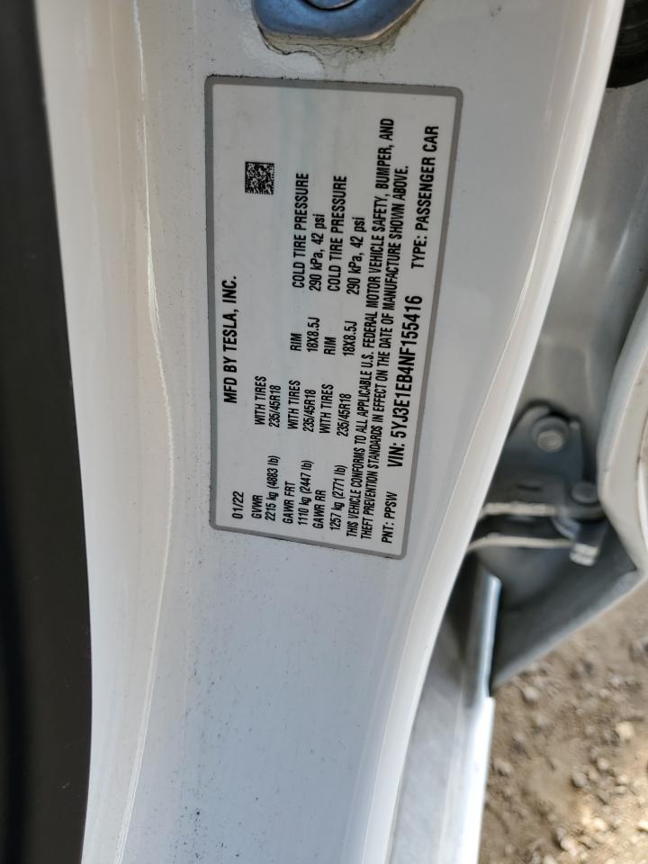 5YJ3E1EB4NF155416 2022 Tesla Model 3