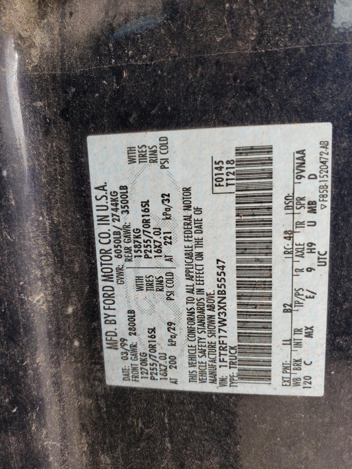 1999 Ford F150 VIN: 1FTRF17W3XNB55547 Lot: 75845034