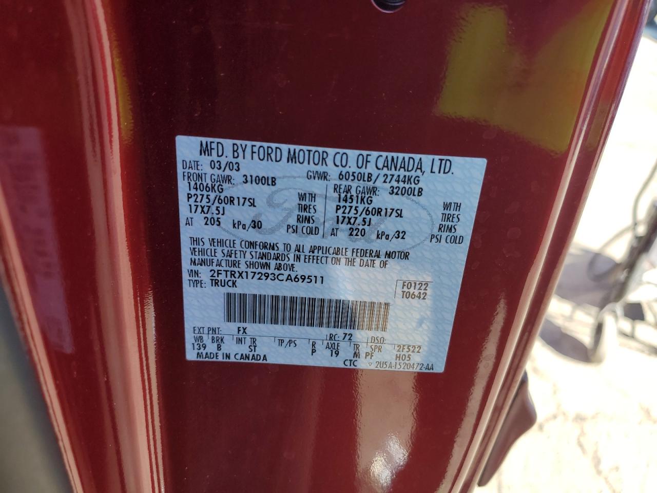 2003 Ford F150 VIN: 2FTRX17293CA69511 Lot: 75283344