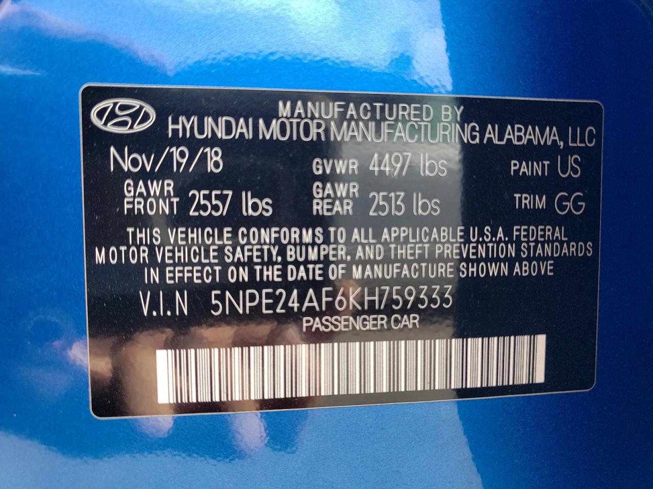 VIN 5NPE24AF6KH759333 2019 HYUNDAI SONATA no.12