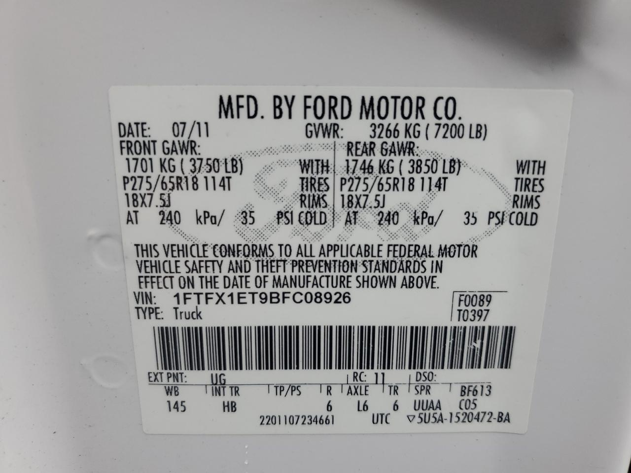 2011 Ford F150 Super Cab VIN: 1FTFX1ET9BFC08926 Lot: 75918344