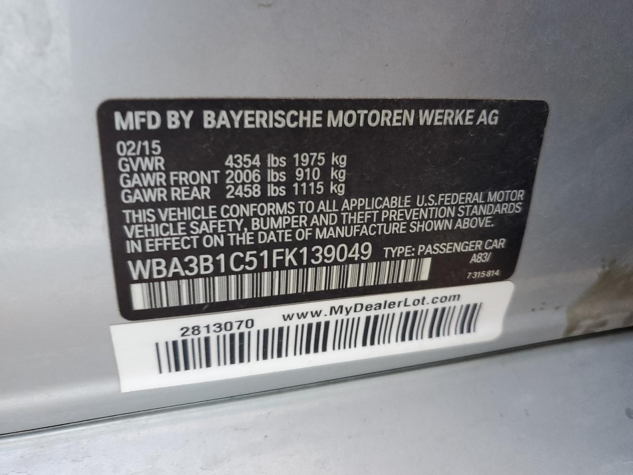 WBA3B1C51FK139049 2015 BMW 320 I