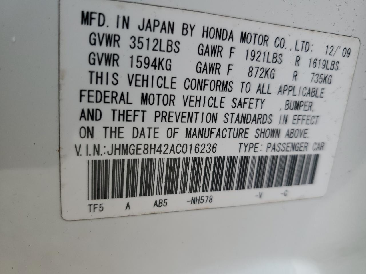 JHMGE8H42AC016236 2010 Honda Fit Sport