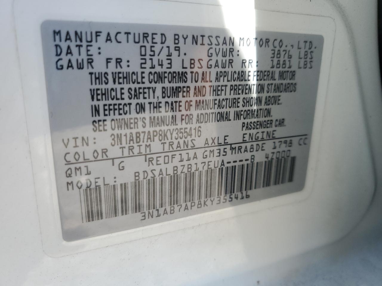 3N1AB7AP8KY355416 2019 Nissan Sentra S