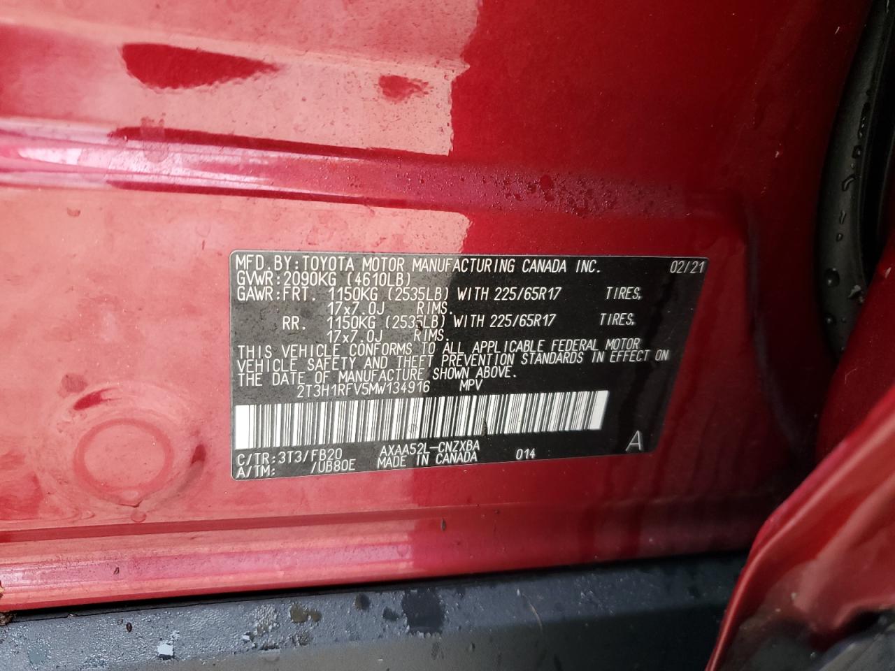 2T3H1RFV5MW134916 2021 Toyota Rav4 Le