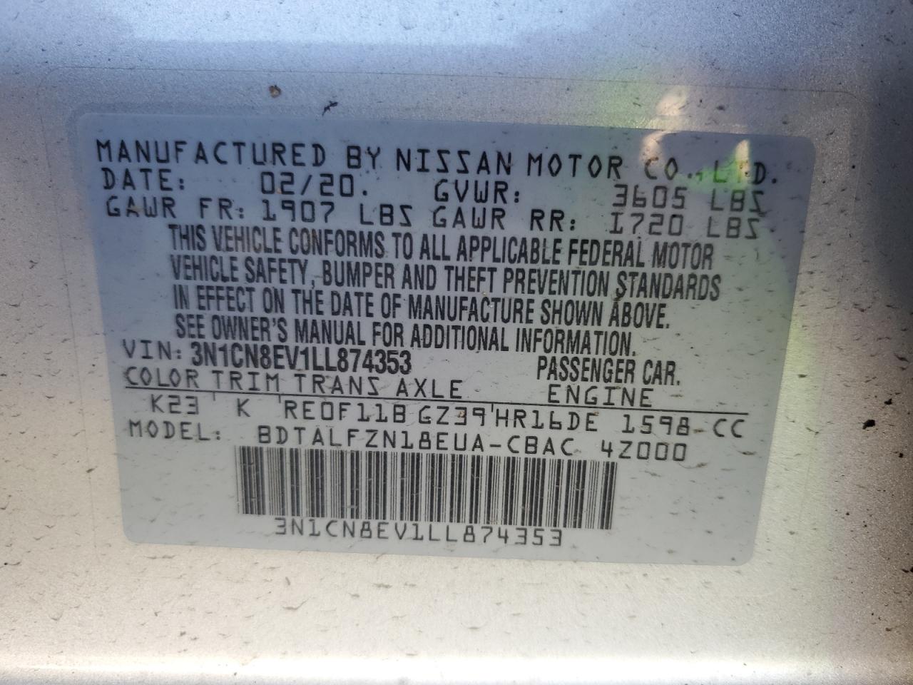 VIN 3N1CN8EV1LL874353 2020 NISSAN VERSA no.12