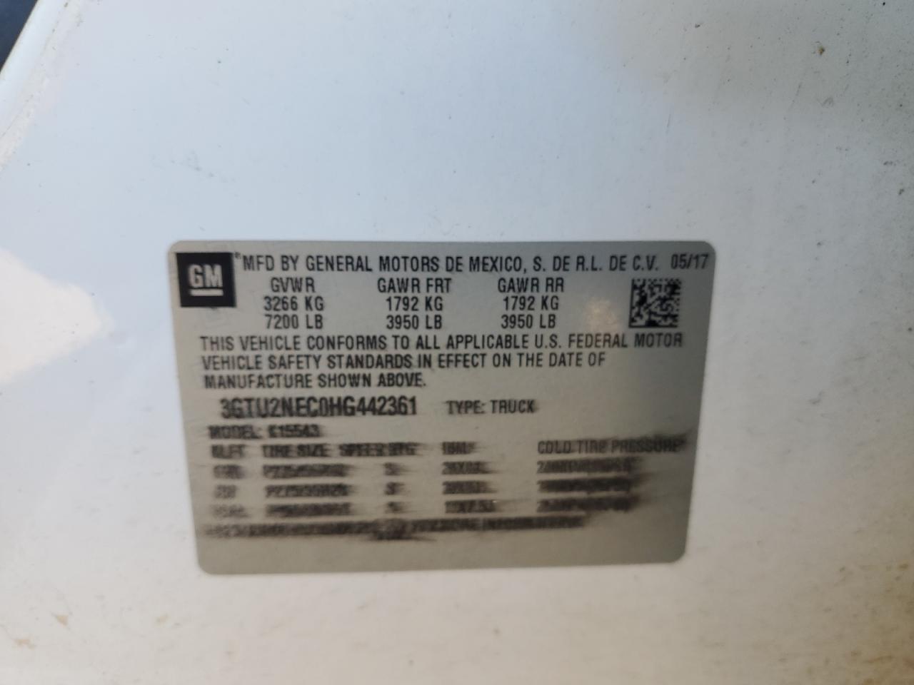 3GTU2NEC0HG442361 2017 GMC Sierra K1500 Slt