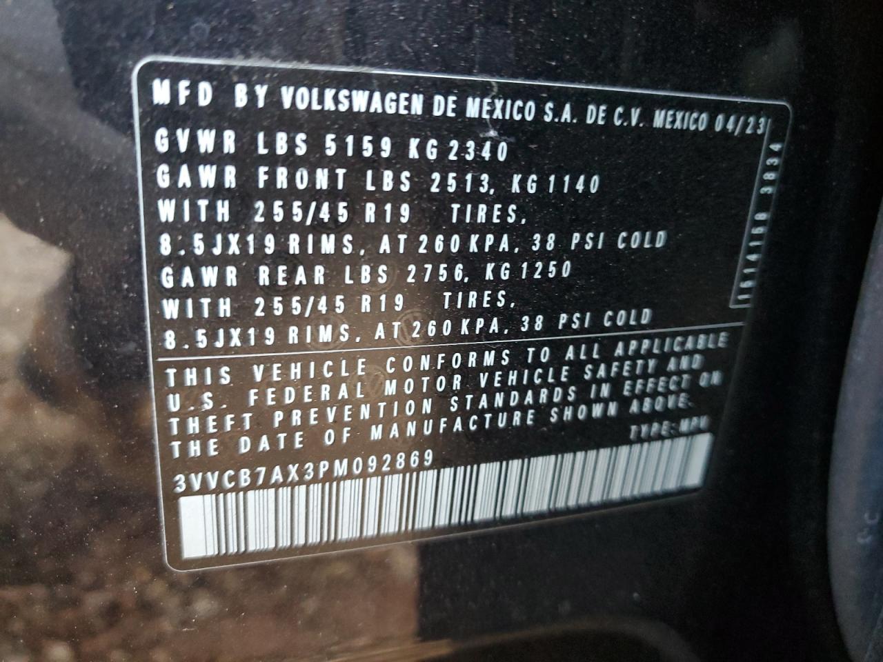 2023 Volkswagen Tiguan Se R-Line Black VIN: 3VVCB7AX3PM092869 Lot: 74336754