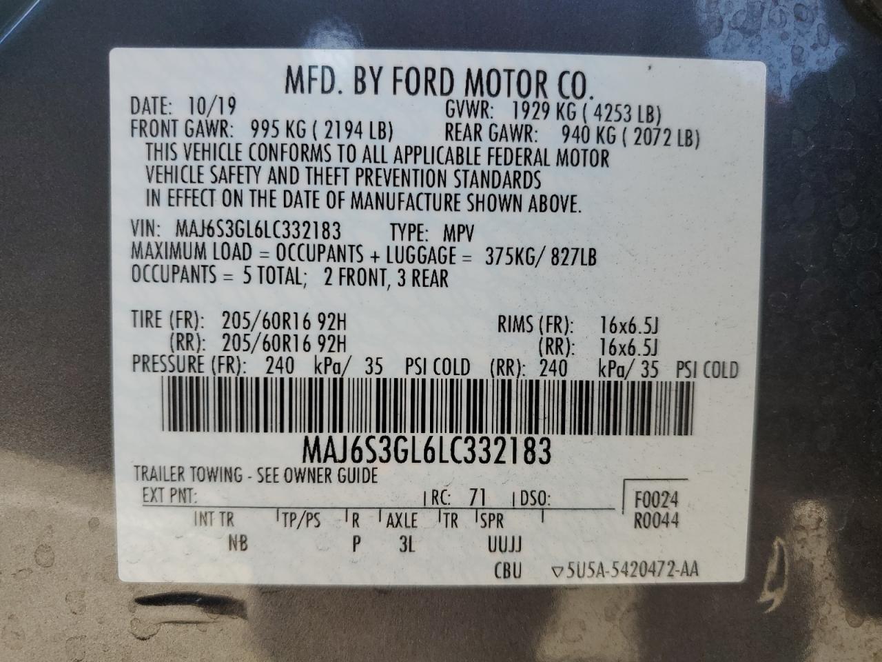 2020 Ford Ecosport Se VIN: MAJ6S3GL6LC332183 Lot: 76841024