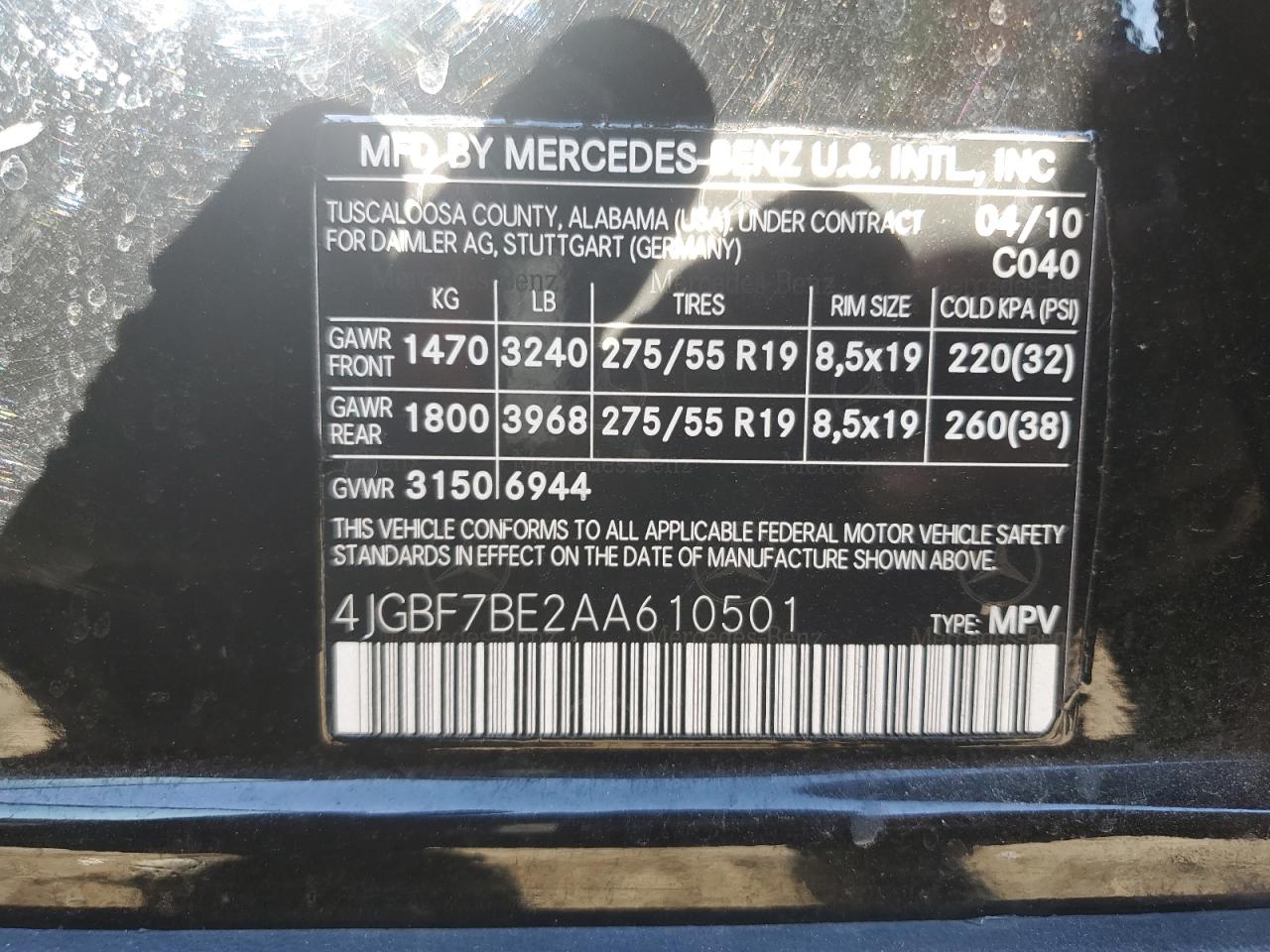 2010 Mercedes-Benz Gl 450 4Matic VIN: 4JGBF7BE2AA610501 Lot: 77754904