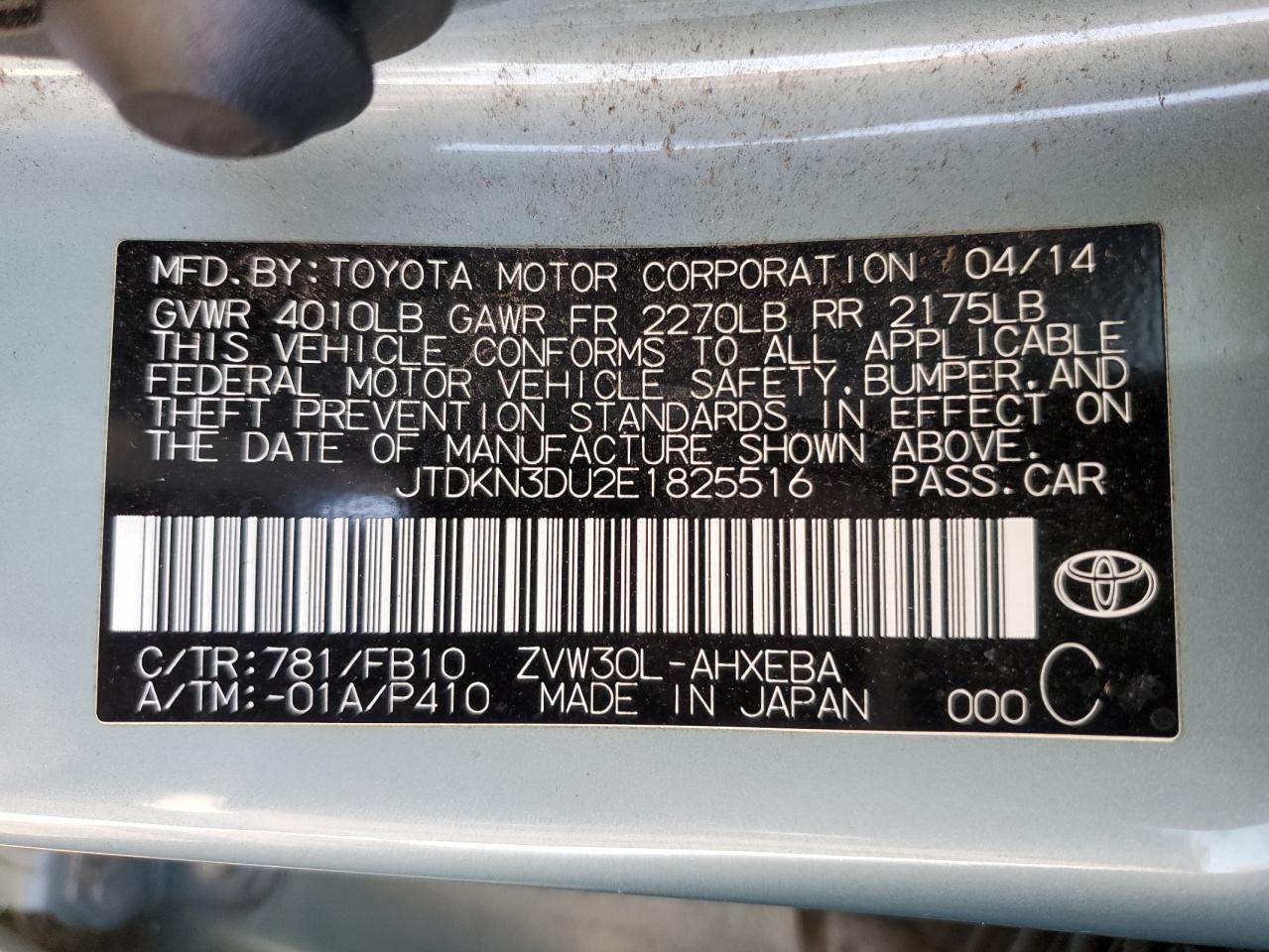 JTDKN3DU2E1825516 2014 Toyota Prius