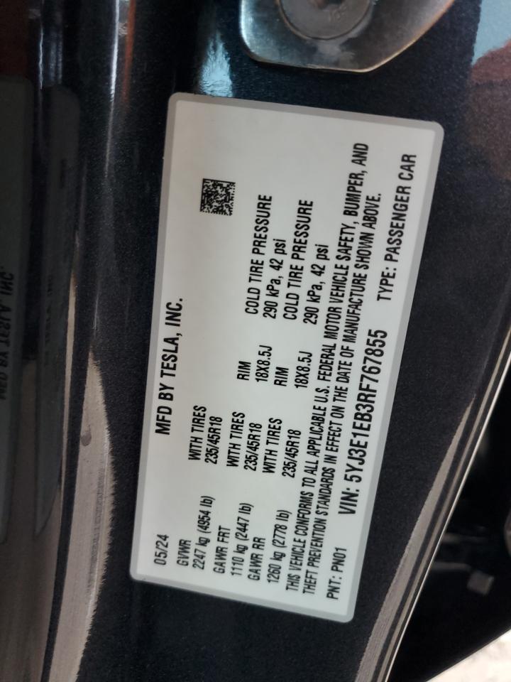 5YJ3E1EB3RF767855 2024 Tesla Model 3