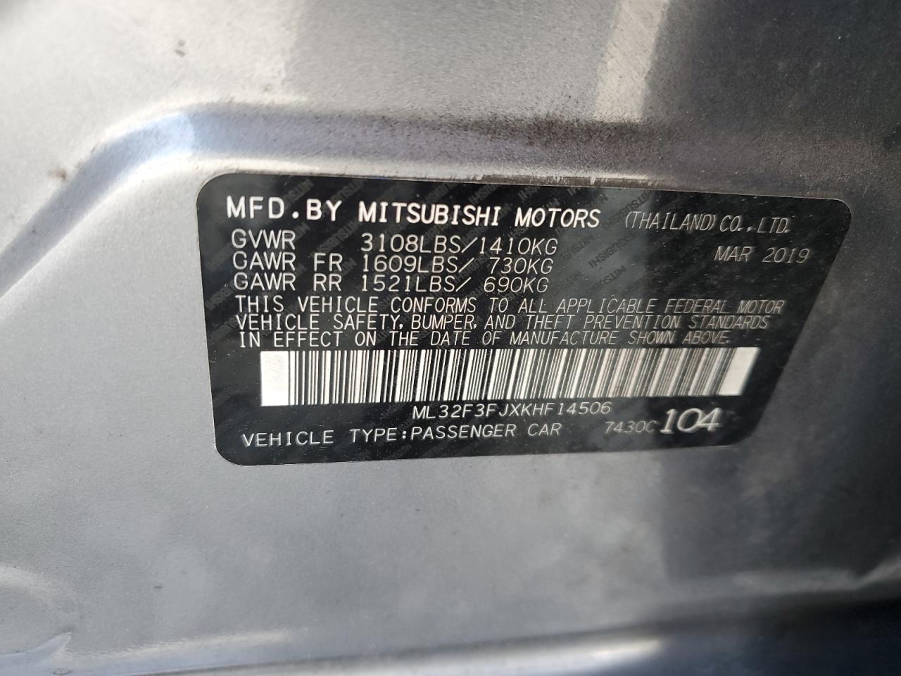 ML32F3FJXKHF14506 2019 Mitsubishi Mirage G4 Es