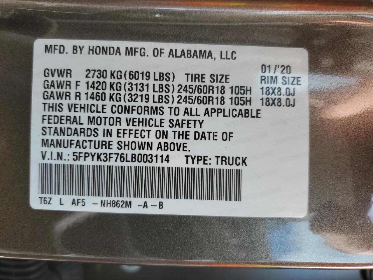 2020 Honda Ridgeline Rtl VIN: 5FPYK3F76LB003114 Lot: 76657774