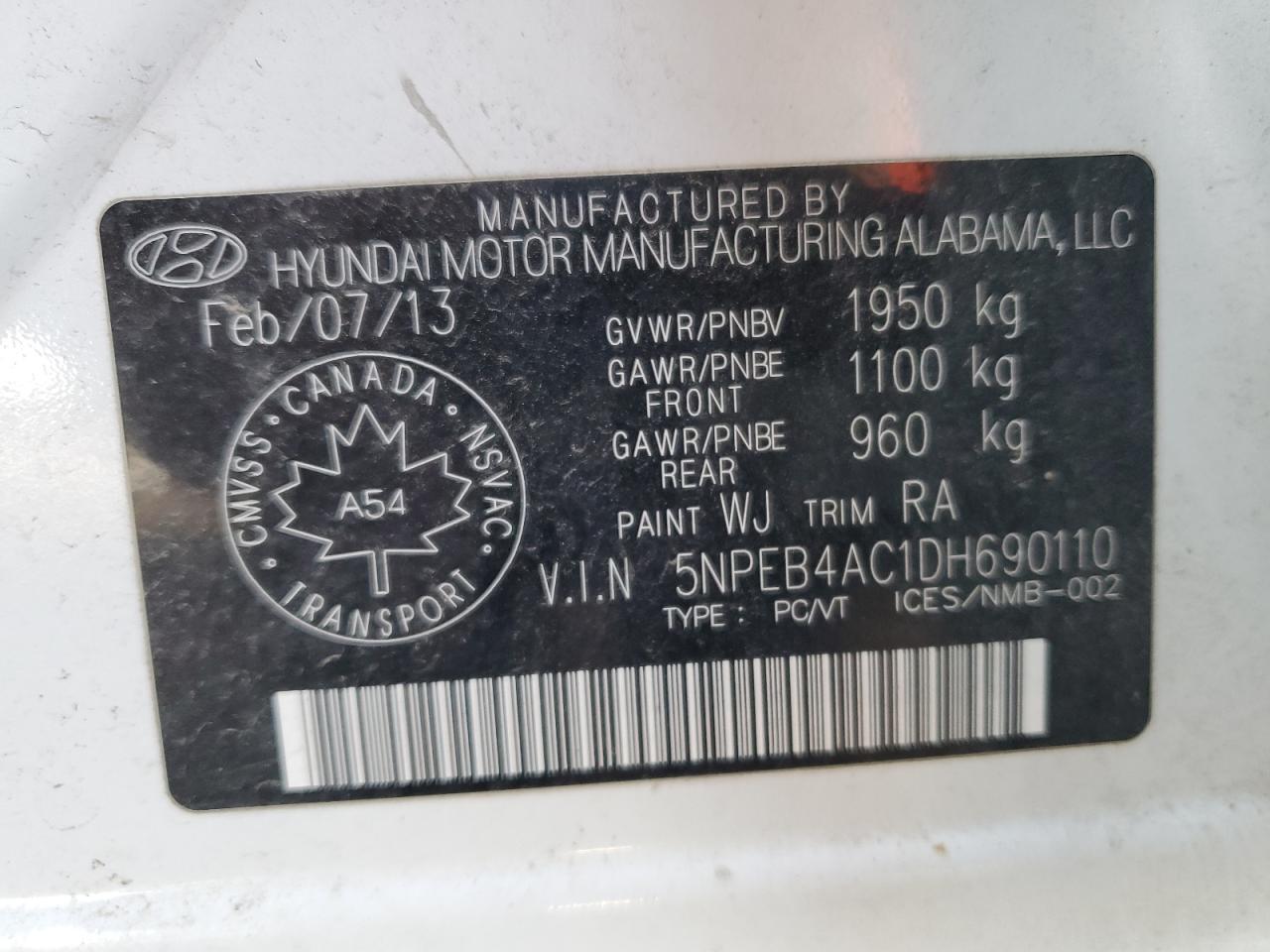 2013 Hyundai Sonata Gls VIN: 5NPEB4AC1DH690110 Lot: 77883354