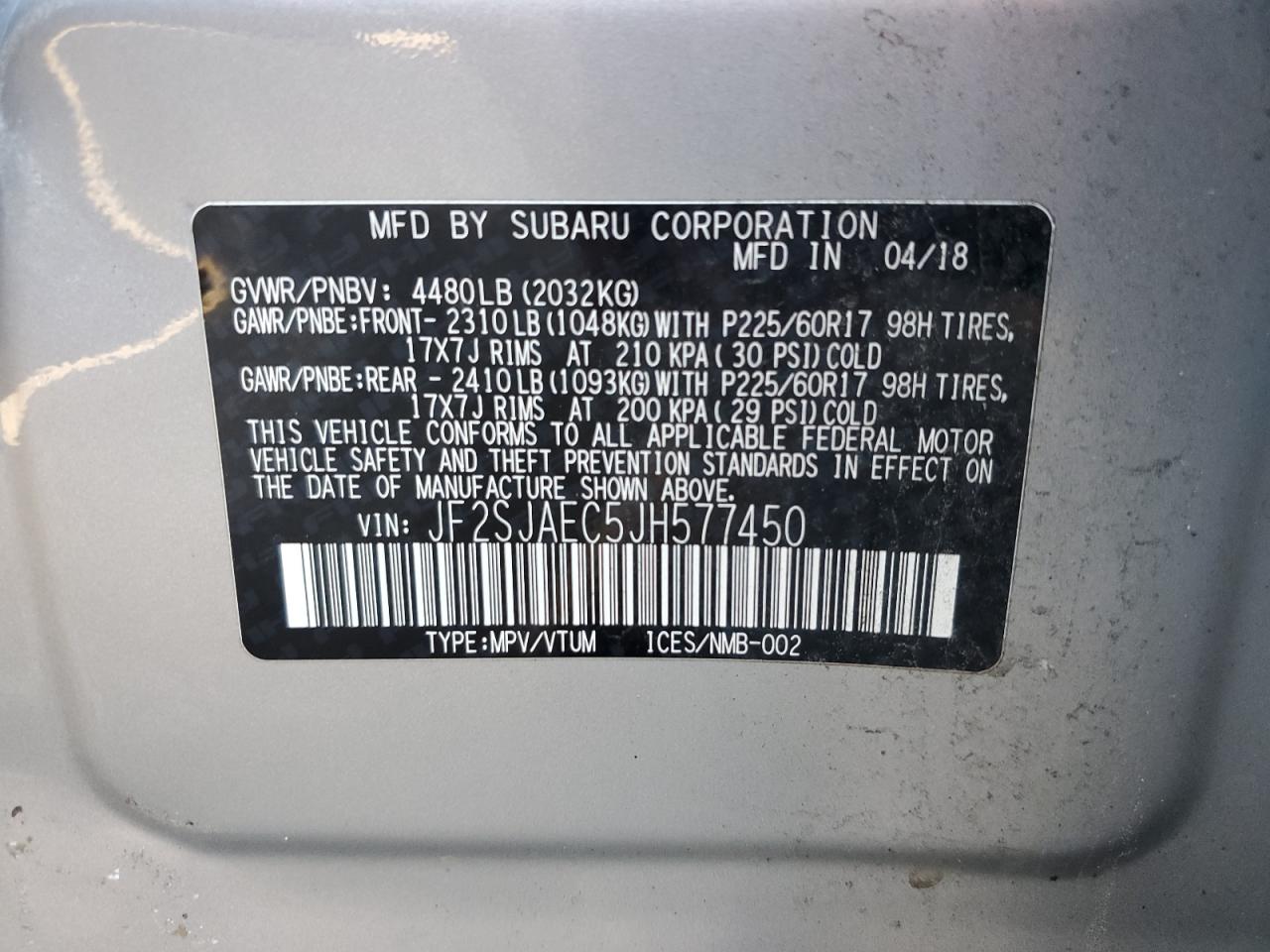 JF2SJAEC5JH577450 2018 Subaru Forester 2.5I Premium