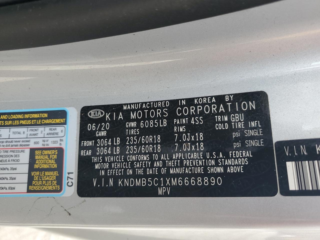 2021 Kia Sedona Lx VIN: KNDMB5C1XM6668890 Lot: 73888614