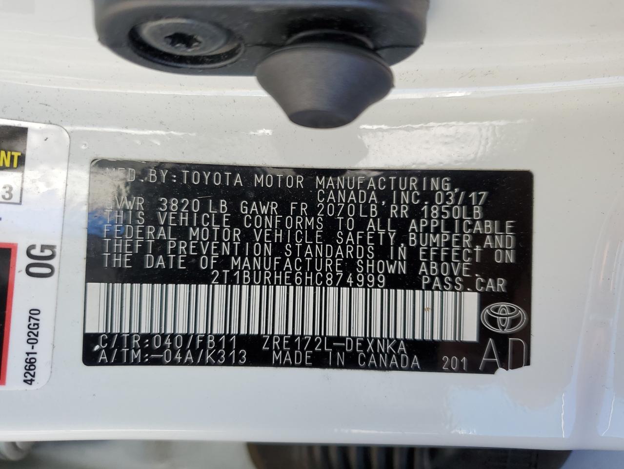 2017 Toyota Corolla L VIN: 2T1BURHE6HC874999 Lot: 74620404