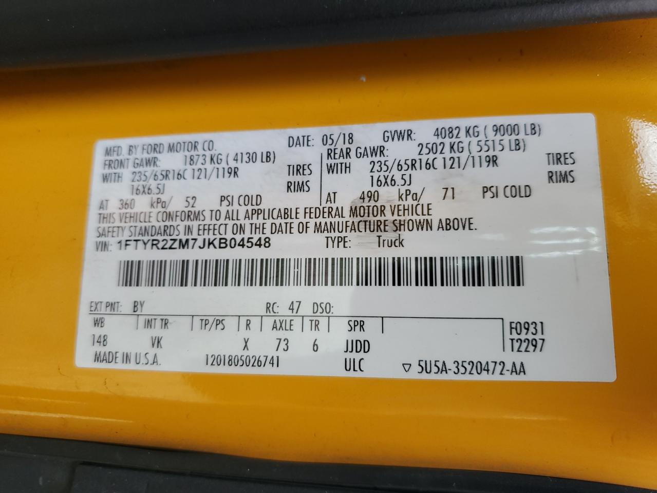 2018 Ford Transit T-250 VIN: 1FTYR2ZM7JKB04548 Lot: 75373424