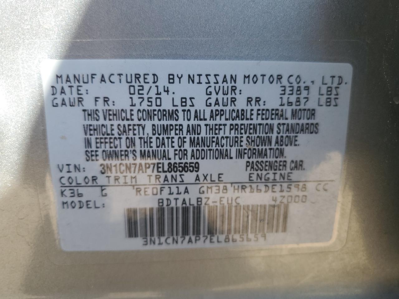 3N1CN7AP7EL865659 2014 Nissan Versa S