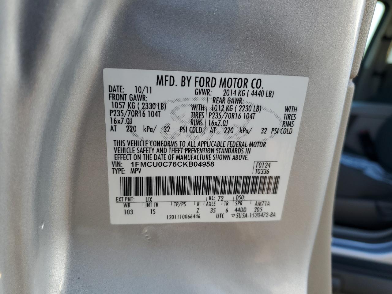 2012 Ford Escape Xls VIN: 1FMCU0C76CKB04958 Lot: 76080224