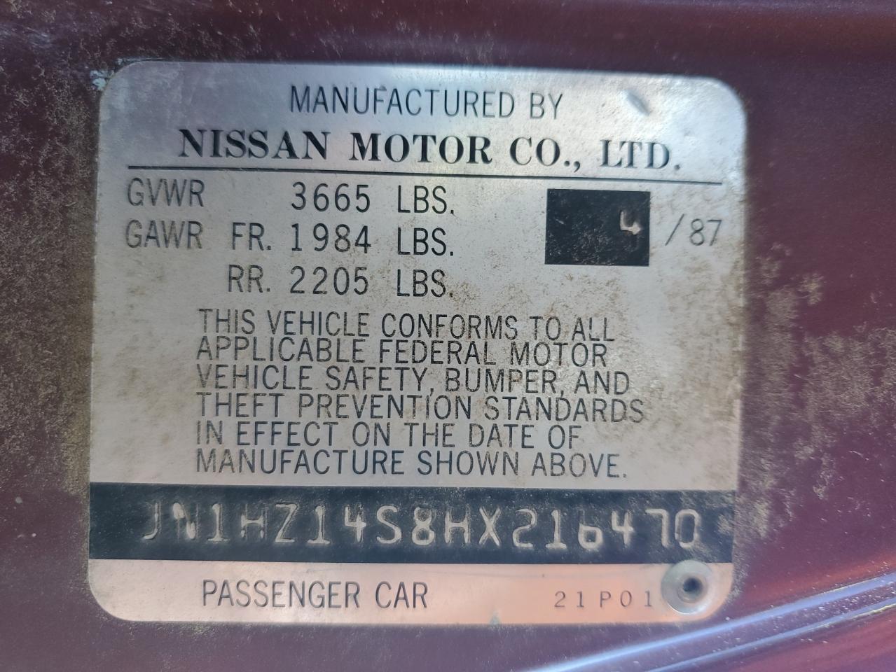 1987 Nissan 300Zx VIN: JN1HZ14S8HX216470 Lot: 76966464